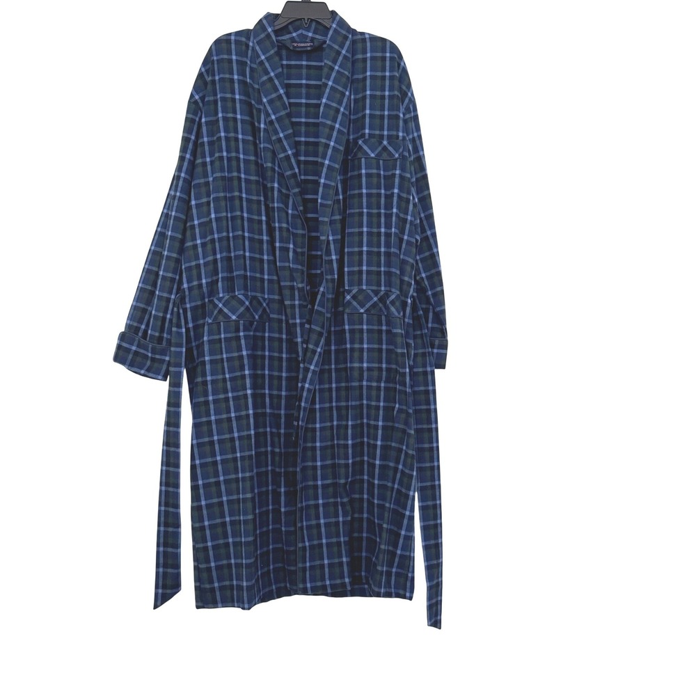 Roundtree & Yorke Mens One Size Robe Plaid Blue Green Cotton Belted NWT